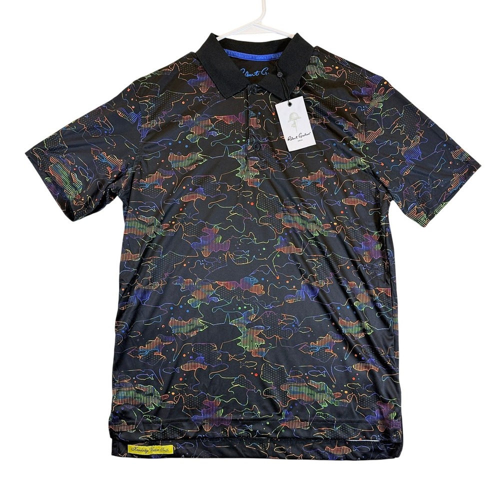 Robert Graham Shark Attack Polo Men S Black Short Sleeve Performance $128